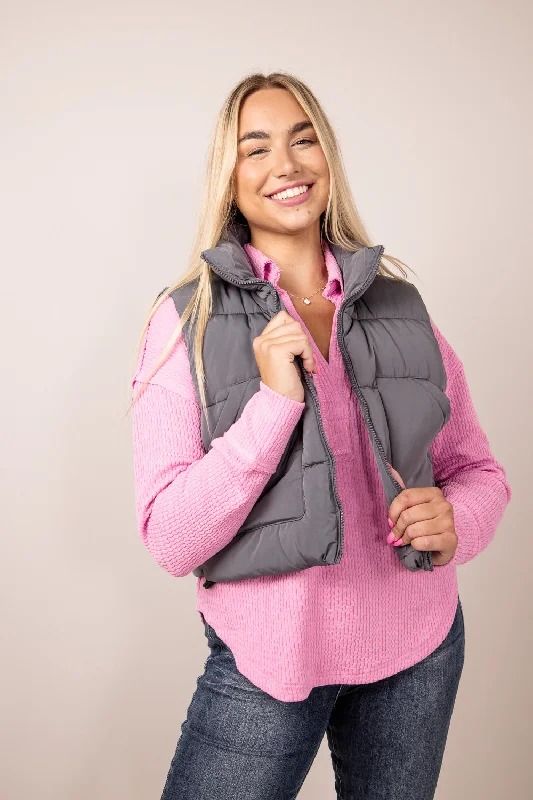 Love Tree Front Pocket Cropped Puffer Vest for Women in Slate | 5073VM-SLATE