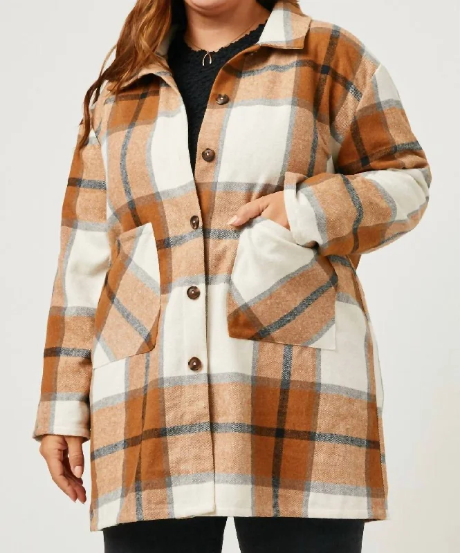 Plaid Button Up Patch Pocket Coat - Plus In Camel