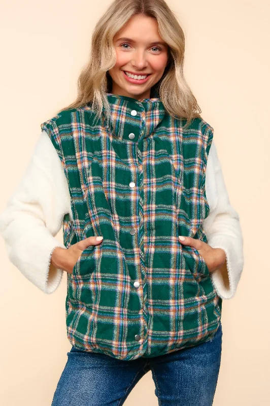 PLUS HIGH NECK SNAP BUTTON DOWN PLAID PUFFER VEST