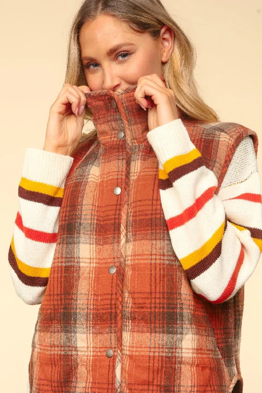 PLUS HIGH NECK SNAP BUTTON PLAID PUFFER VEST