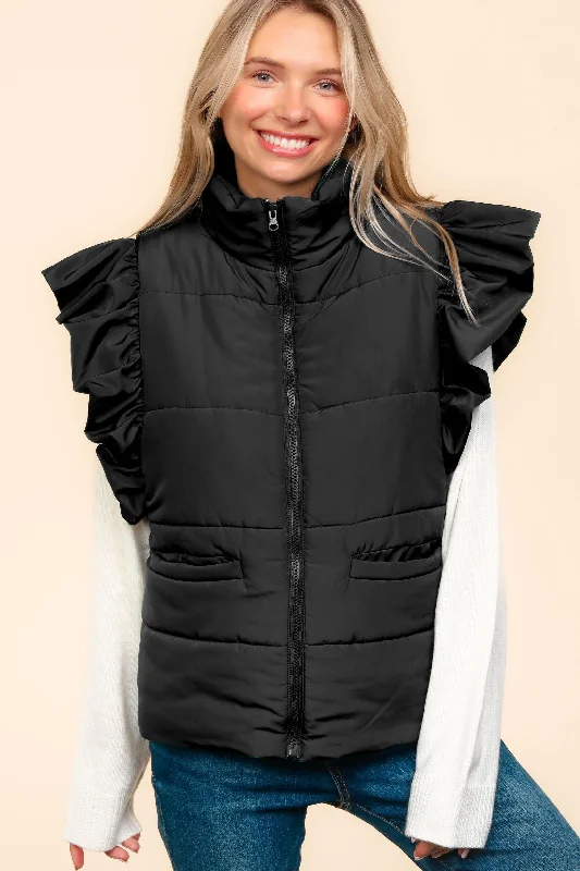 PLUS HIGH NECK ZIPPER UP RUFFLE SLEEVE PUFFER VEST