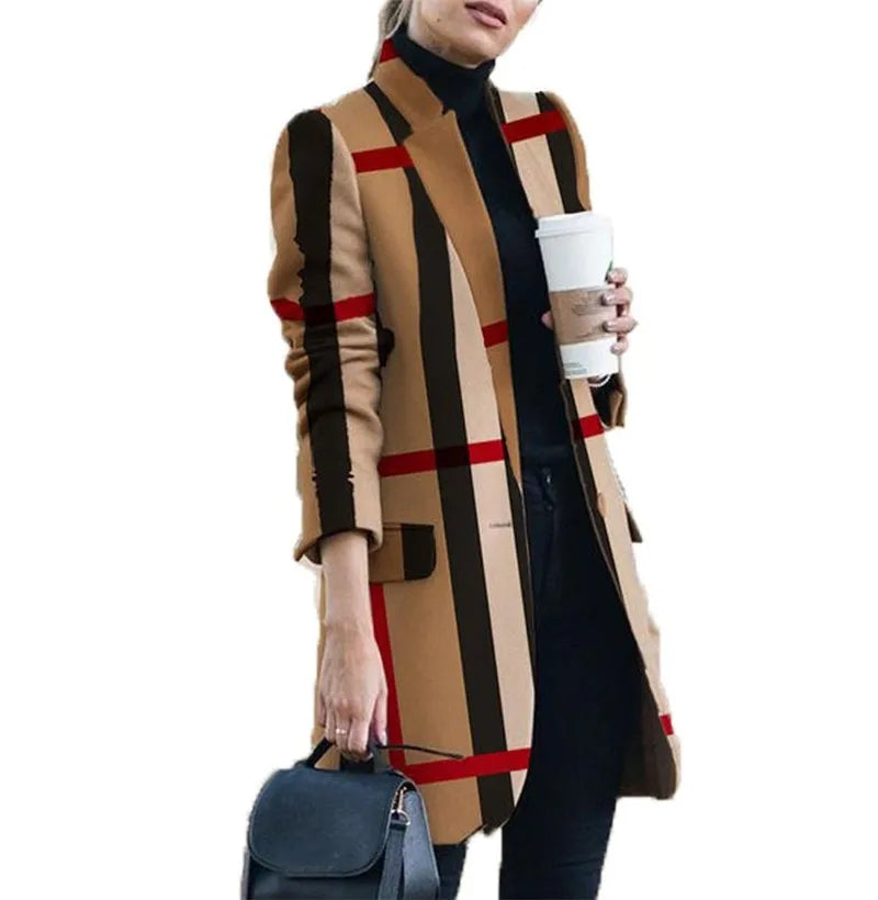 Spring Autumn Hot Sale 12 Color S-5xl Size Check Coat Fashion Print Mock Neck Coat Top Street Trend Single Casual Girl Suit Coat