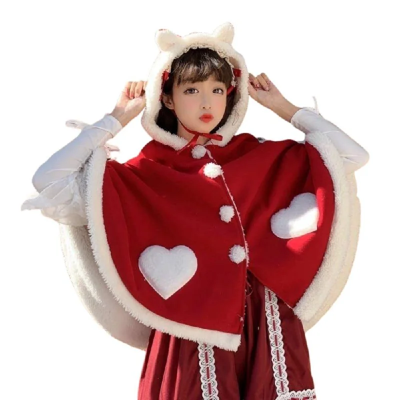 Sweet Heart Hooded Cloak with Cat Ear & Wings: Super Kawaii winter shawl with hearts