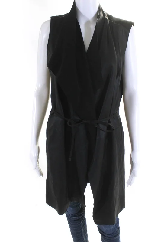 Vince Womens Goat Leather Shawl Collar Sleeveless Open Front Vest Black