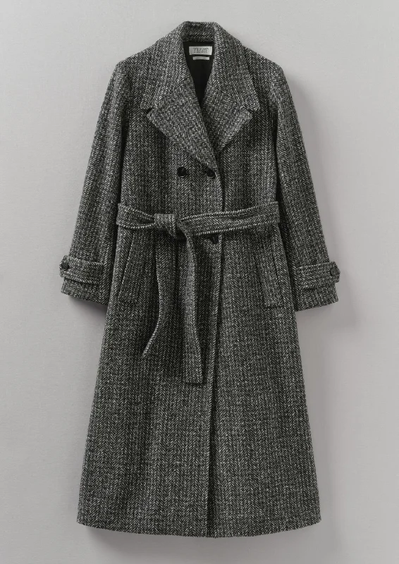 Wool Herringbone Belted Coat | Grey Melange