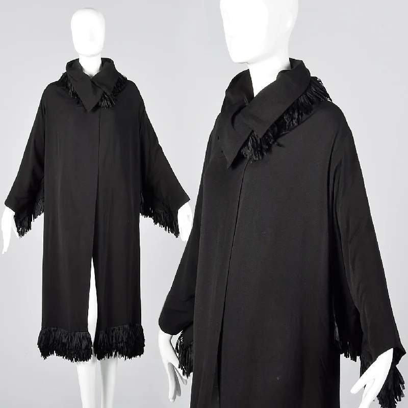 1920s Black Silk Flapper Coat with Fringe Trim