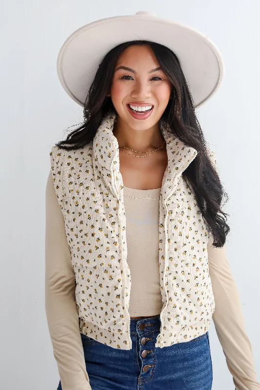 Charming Comfort Cream Floral Corduroy Puffer Vest