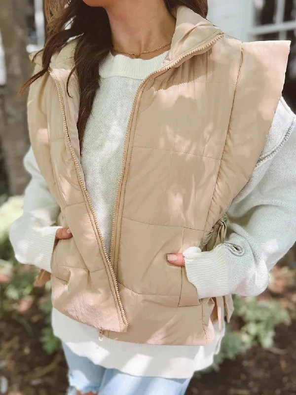 Cozy Parchment Sleeveless Puffer Vest with Side Knot Detail