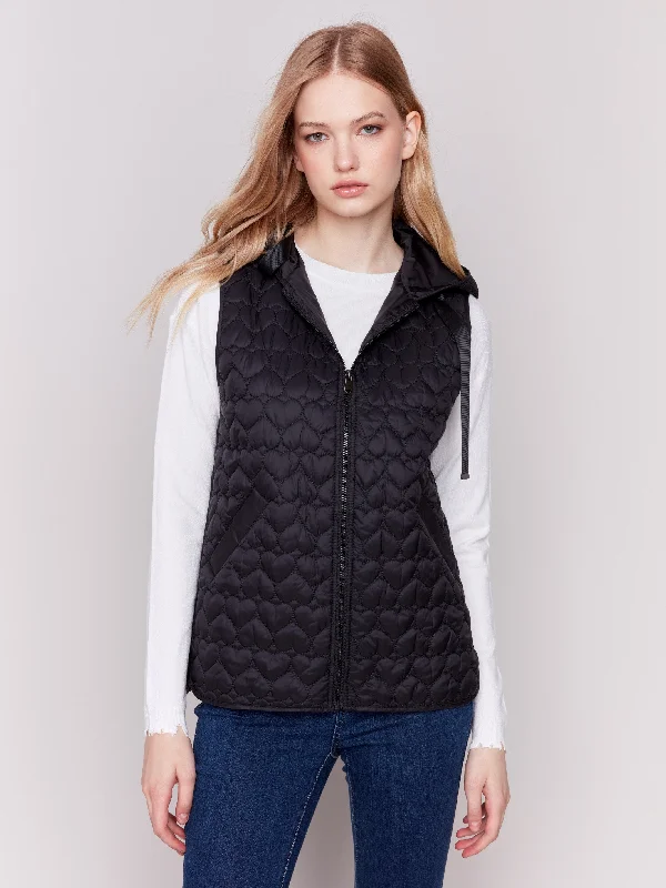 Short Quilted Puffer Vest with Hood - Black