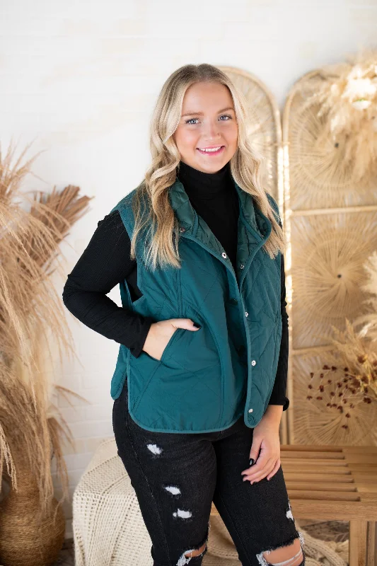 Women's Quilted Puffer Vest-Teal Green