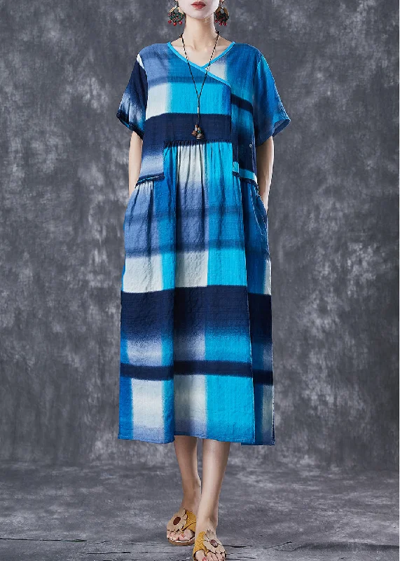 Art Blue Ruffled Patchwork Plaid Cotton Long Dress Summer