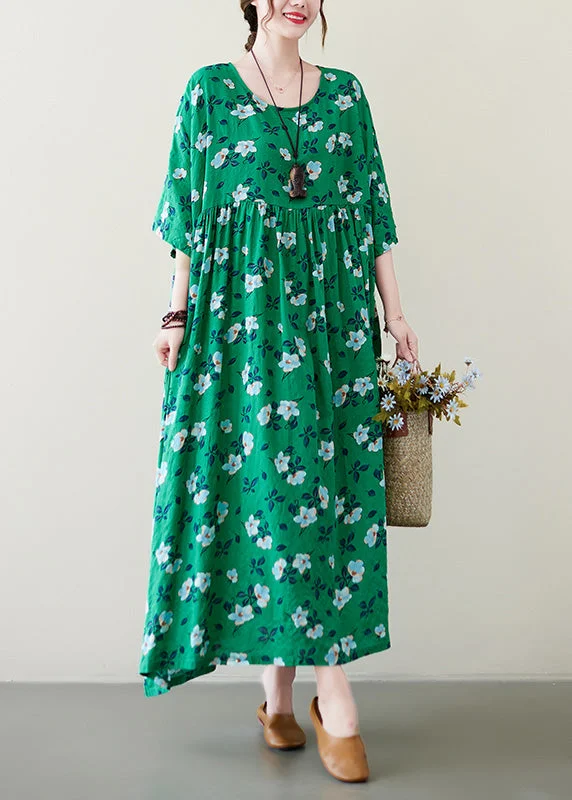 Art Green O-Neck Patchwork Print Cotton Long Dresses Short Sleeve