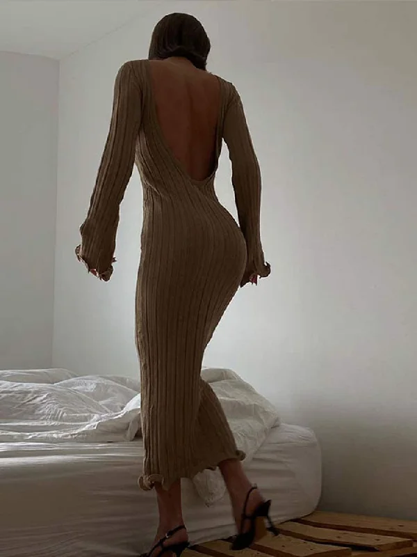 Backless Flare Sleeves Sexy Knitted Long Dress For Women Pit Strip Ruffles Slim Maxi Vestidos Dresses Summer Beach Vacation Robe