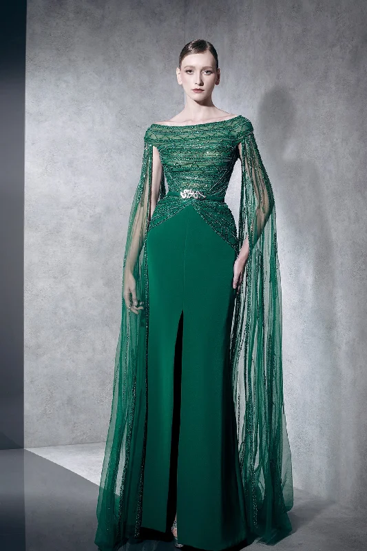 Beaded dress with cape sleeve and slit