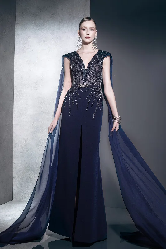 Beaded dress with slit and cape