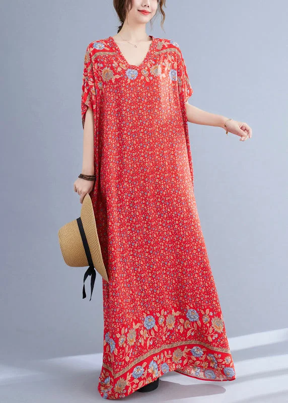 Boho Red V Neck Print Cotton Holiday Long Dress Summer