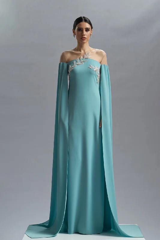 Cape sleeves blue crepe dress with embroidery