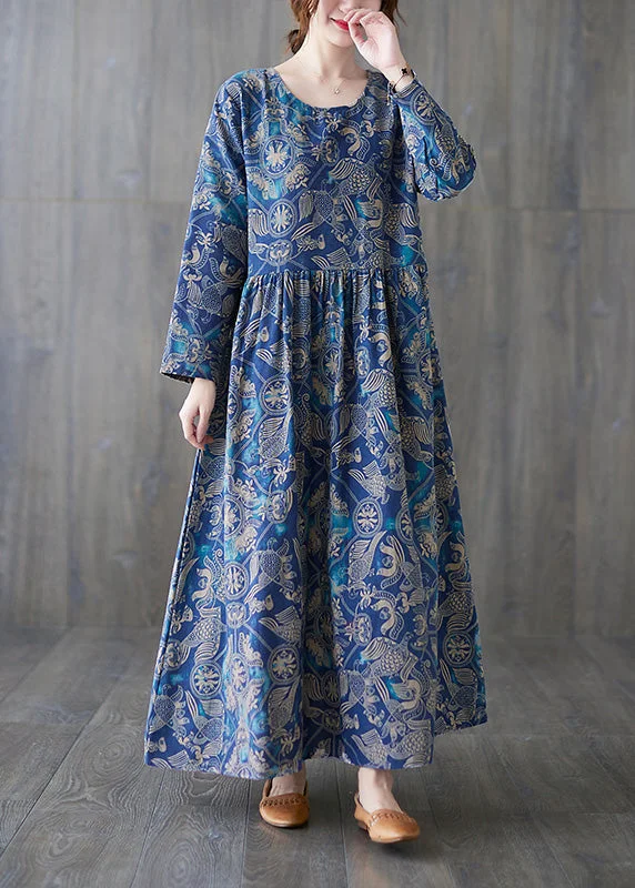 Chic Blue O-Neck Print Patchwork Long Dress Summer