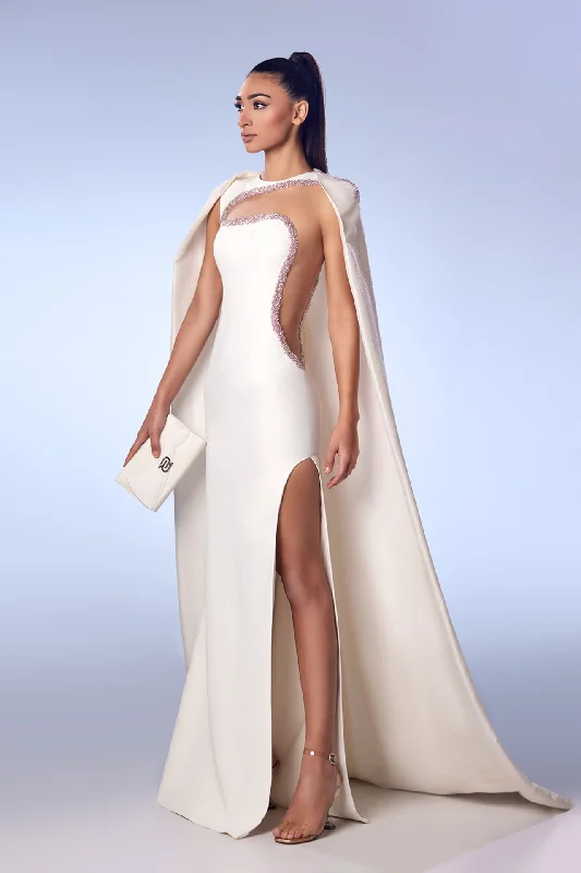 Crepe dress with beaded edges and cape