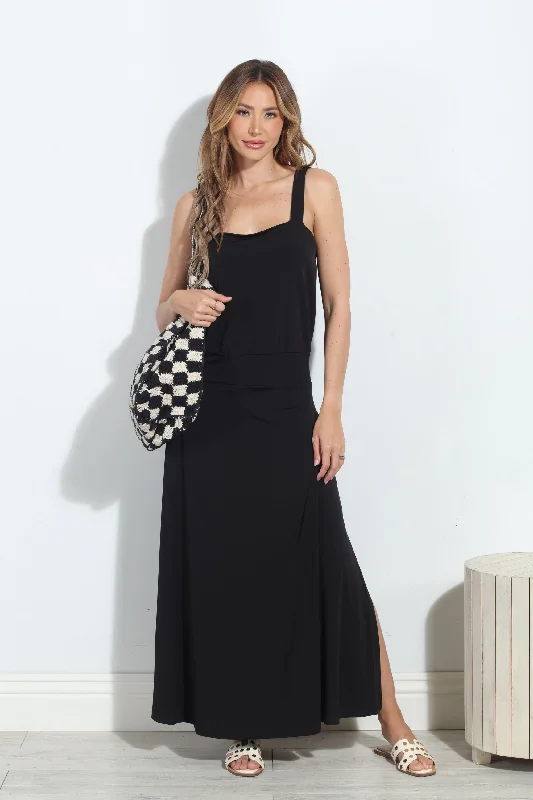 Black Stretch ITY Drop Waist Maxi Tank Dress-BEST SELLER