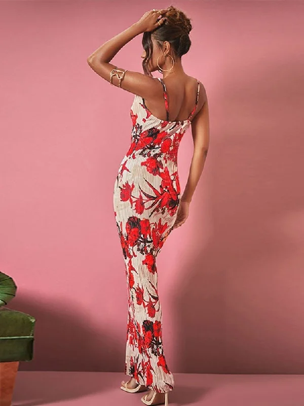 Fashion Gradient Printed Pleated Strap Dress Woman Summer Square Collar High Waist Maxi Vestidos Night Party Club Outfits