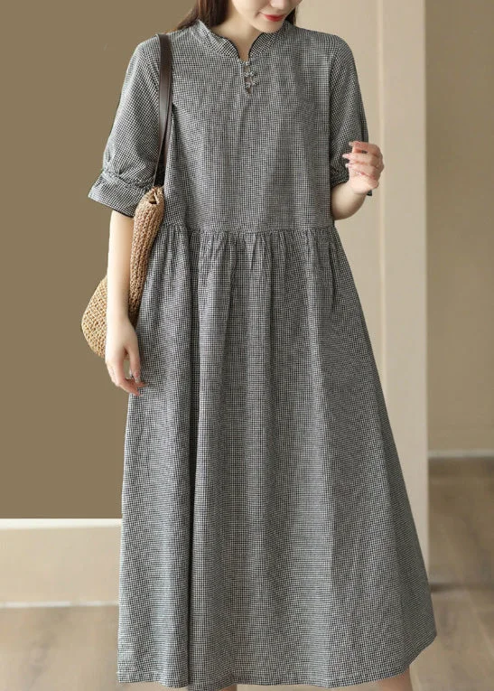 French Black Plaid Stand Collar Linen Long Dress Short Sleeve