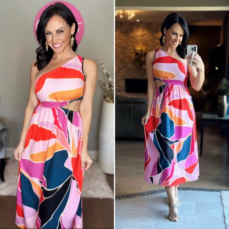 Fuchsia One Shoulder Printed Long Dress