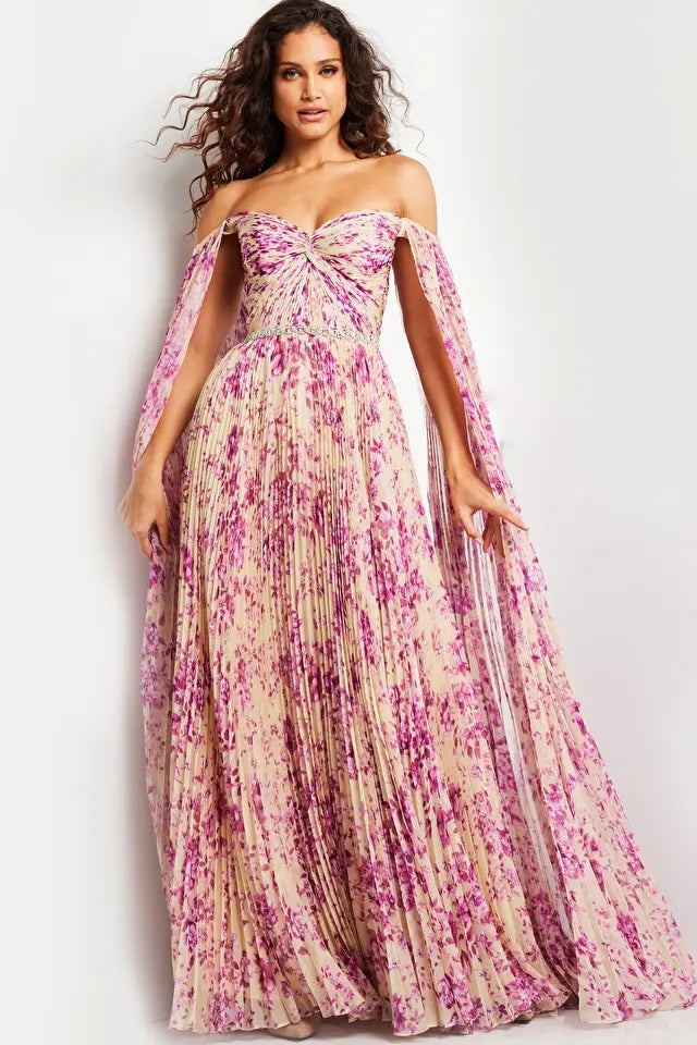 Jovani -26141 Print Pleated Cape Sleeves Long Dress