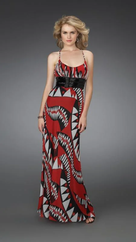 La Femme - 14359 Long Printed Dress with Pleated Waistband