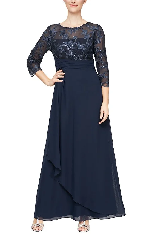 Long 3/4 Sleeve Gown with Embroidered Bodice, Pleated Waist and Asymmetric Cascade Skirt