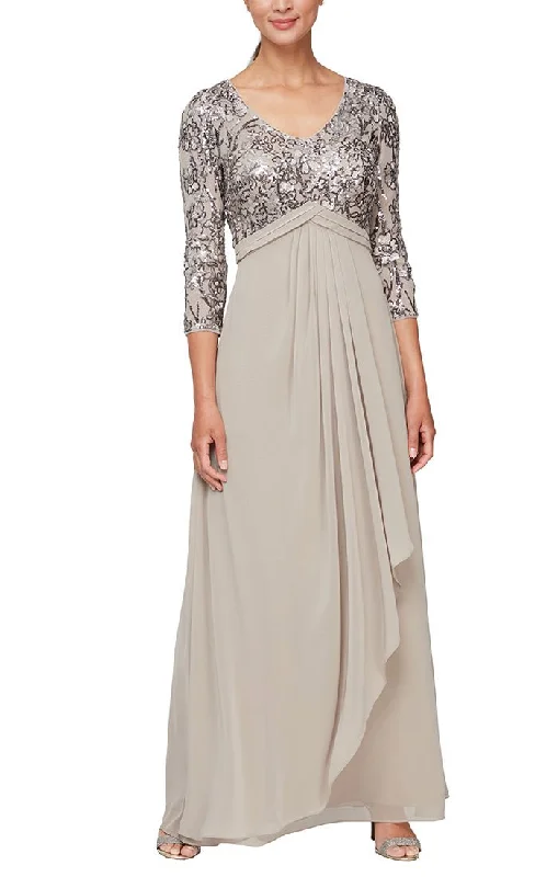 Long A-Line V-Neck Dress with Empire Waistline and Cascade Detail Skirt