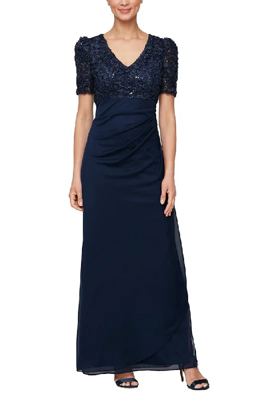 Long Empire Waist Dress with Soutache Bodice, Puff Sleeve Detail & Cascade Ruffle Skirt