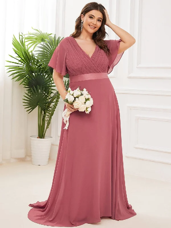 Custom Size Flutter Sleeves Chiffon Empire Waist Bridesmaid Dress