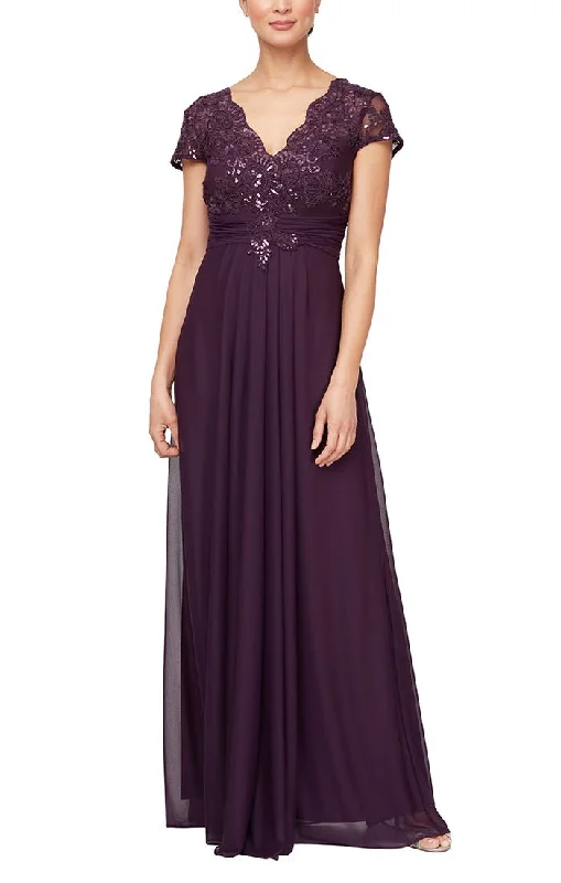 Long Surplice Neckline A-Line Dress with Embroidered Pleated Waist and Scallop Detail