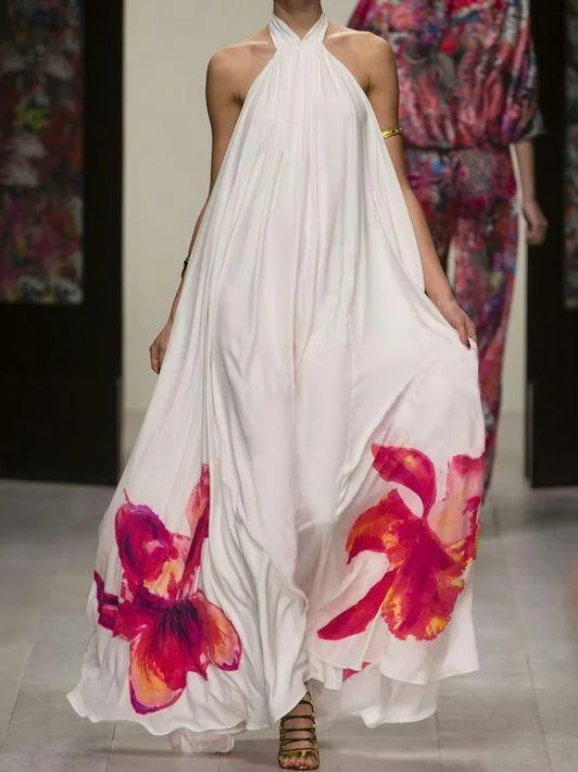 Printed Halter Backless Maxi Long Dress