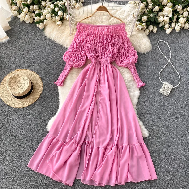 Sexy Slash Neck Off Shoulder Draped Chiffon Long Dress Women Purple/White/Pink Split Party Vestidos Ruffle Hem Maxi Robe New