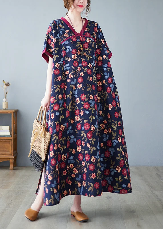 Unique V Neck Print Long Dress Short Sleeve