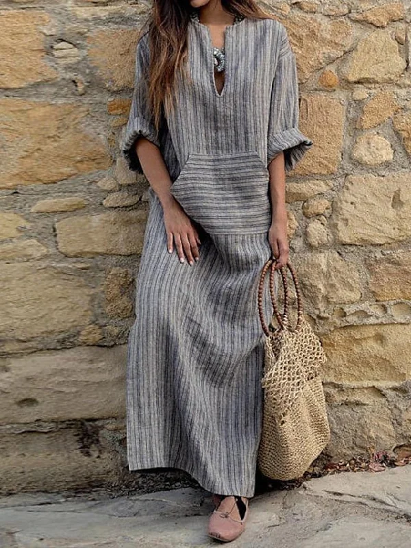 Women's Cotton Linen Dress Casual Dress Tartan Dress Maxi long Dress Cotton And Linen Casual Outdoor Daily Holiday Split Neck Rolled Cuff Print Long Sleeve Summer Spring Fall Loose Fit Red Green