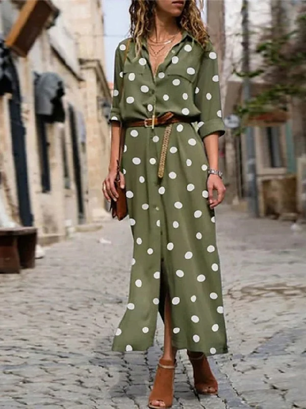 Women's Shirt Dress Maxi long Dress Winter Dress Daily Date Polyester Fashion Elegant Shirt Collar Print Long Sleeve Summer Spring Fall Regular Fit Black Army Green Red Polka Dot Round Dots S M