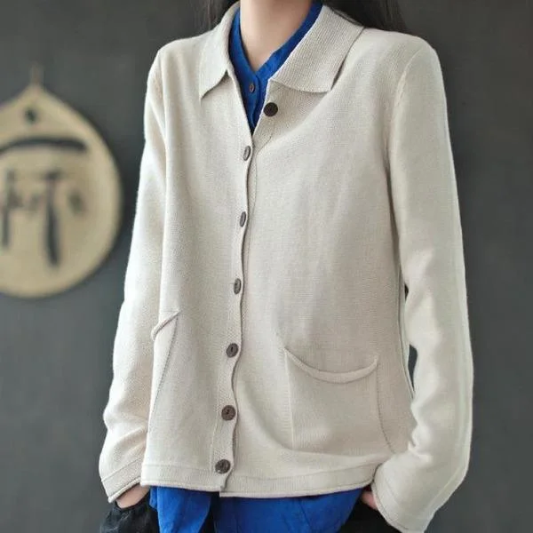 All-match Knitted Turn-down Collar Pockets Cardigan