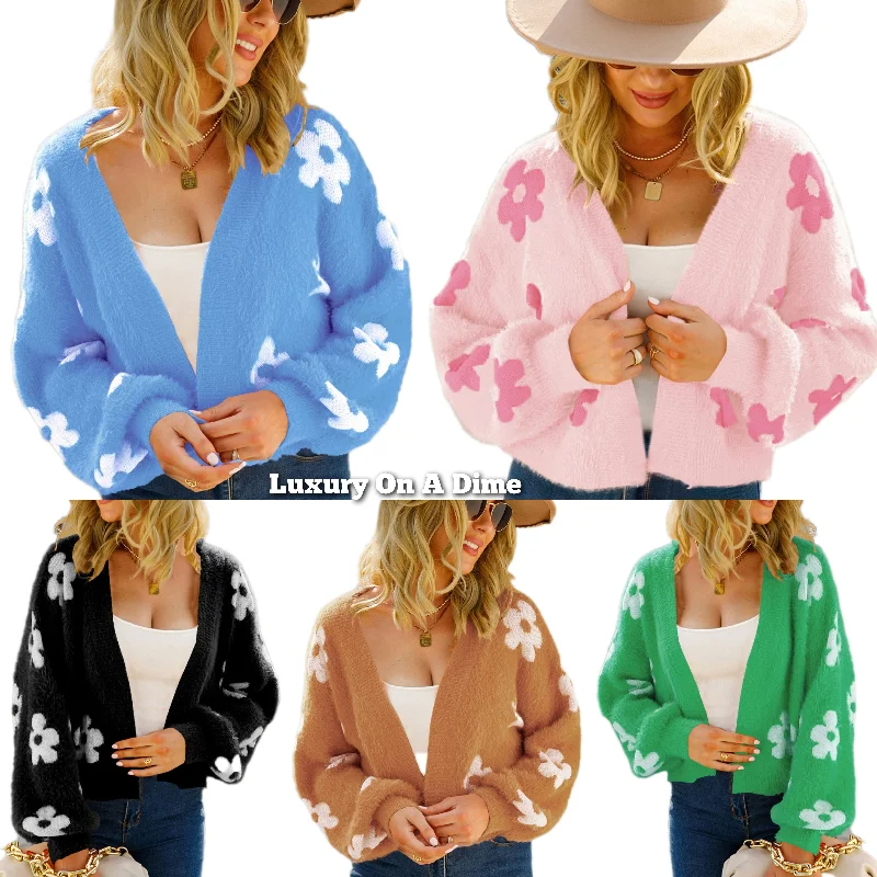 Fuzzy Soft Knit Daisy Flower Print Open Front Color Contrasting Cardigan Sweater