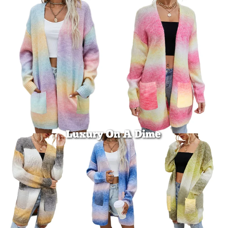 Retro Knit Longline Cardigan Colorful Ombre Patch Pocket Open Sweater Duster