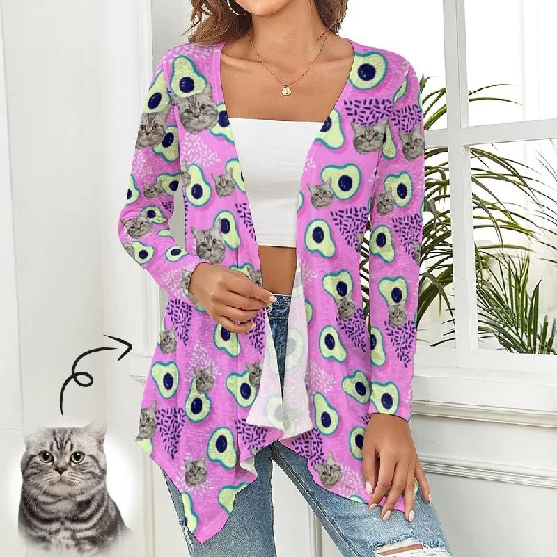 Custom Face Cat Avocado Women's Knitted Cardigan Long Sleeve Open Front Cover Ups Tops Gift for Her