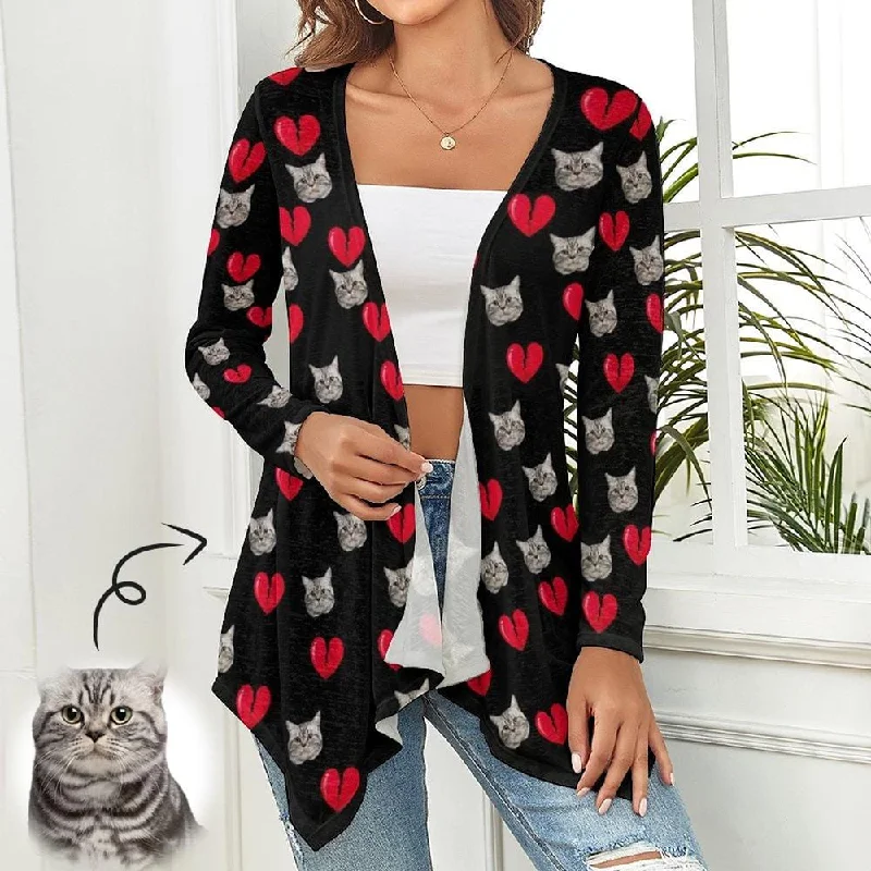 Custom Face Cat Love Heart Women's Knitted Cardigan Long Sleeve Open Front Cover Ups Tops Gift for Her