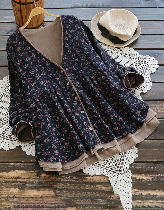 Fake-two-piece Loose Floral Long-sleeved Cardigan