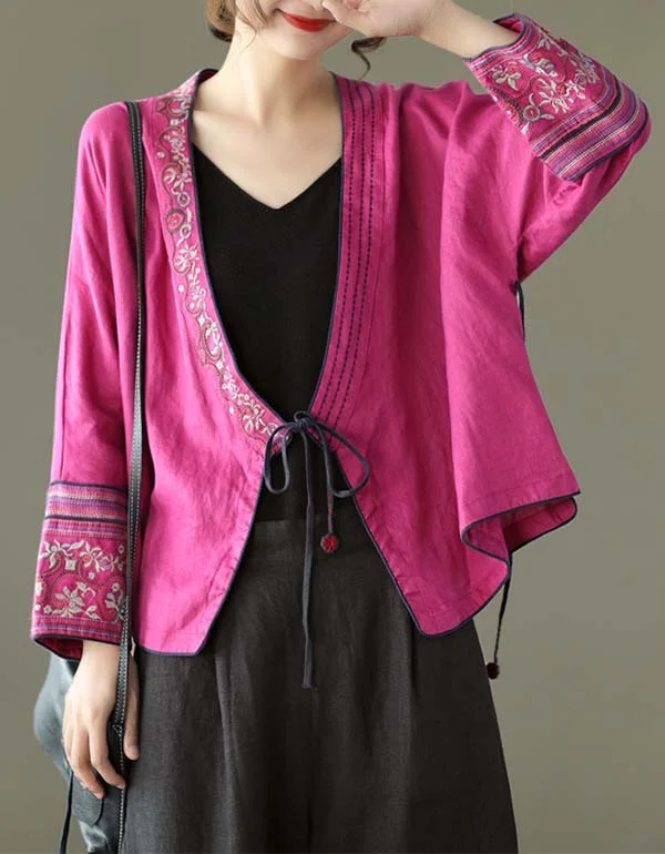 Retro Embroidered Short Linen Cardigan Long-sleeved