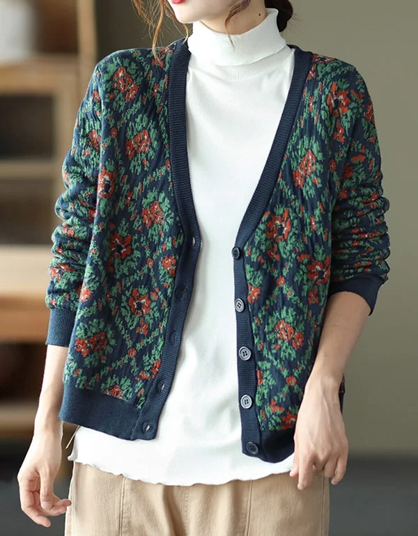 Retro Printed V-neck Loose Cardigan