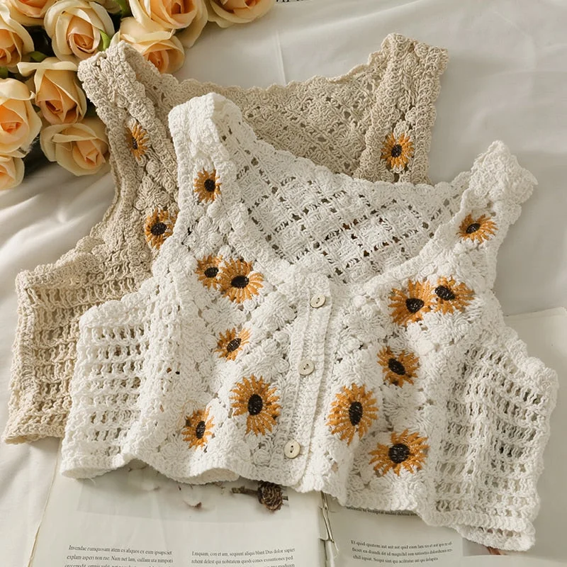 Women Sweet Cotton Cardigan Summer Floral Embroidery Sleeveless Buttons Front Crop Tops Beach Sweet Crochet French Style